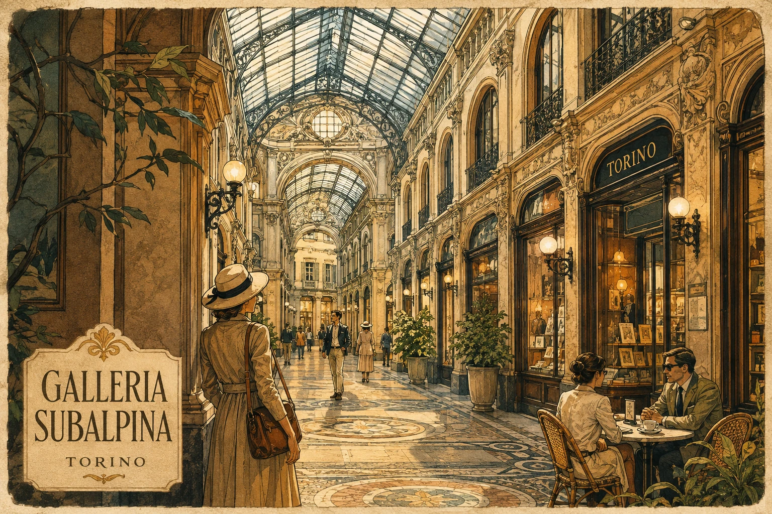 Illustration of Galleria Subalpina with elegant glass roof, shops, and cafe tables