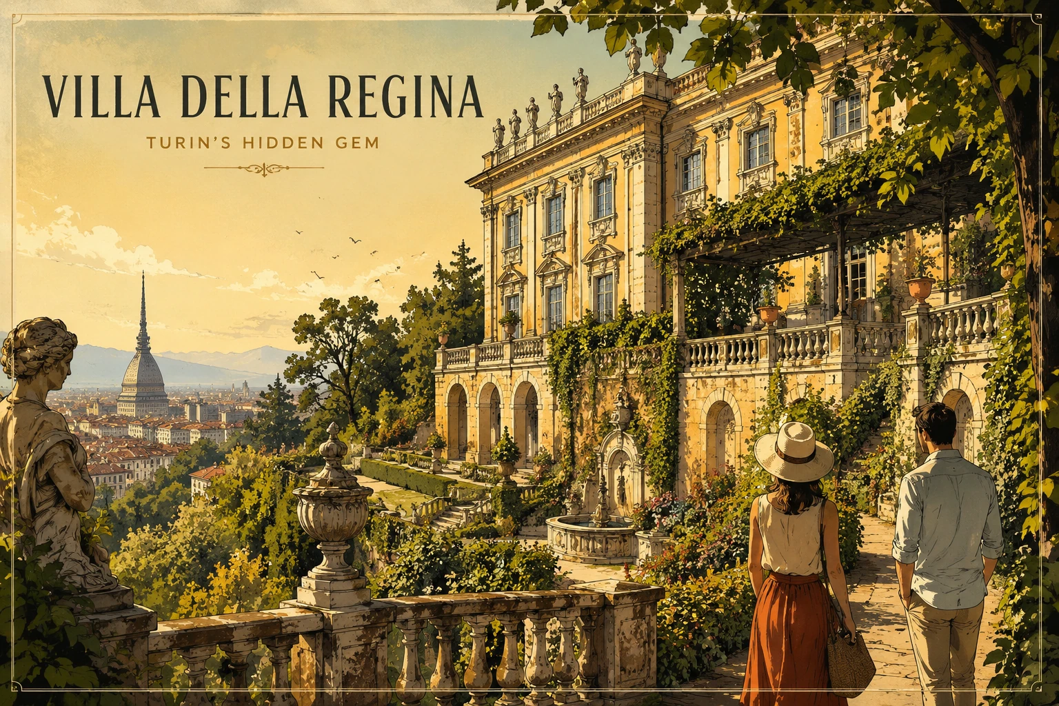 Illustration of Villa della Regina on Turin's hillside with gardens and city views