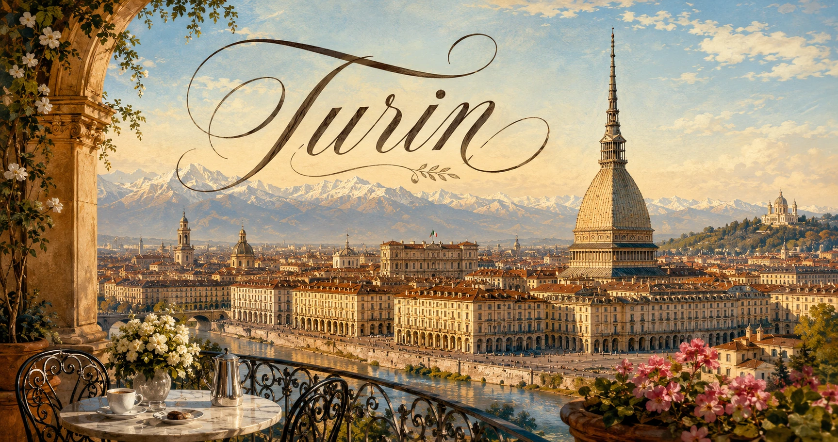 Illustrated Turin travel guide banner with royal architecture, historic cafes, the Mole Antonelliana, and Alpine horizons