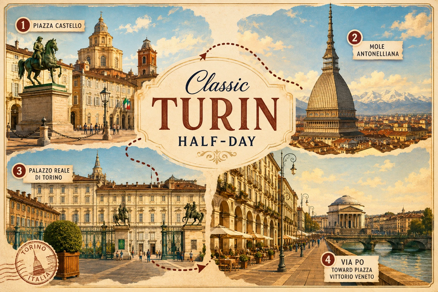 Illustration of a classic Turin walking route through royal squares and arcades