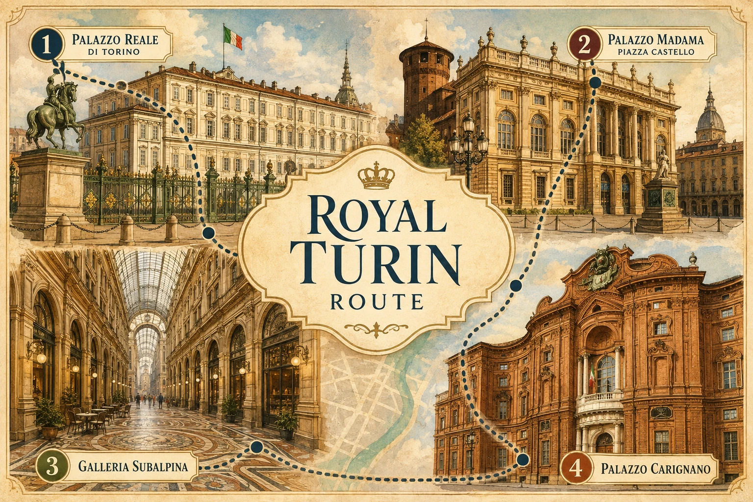 Illustration of a royal Turin route through palaces, gardens, and historic streets