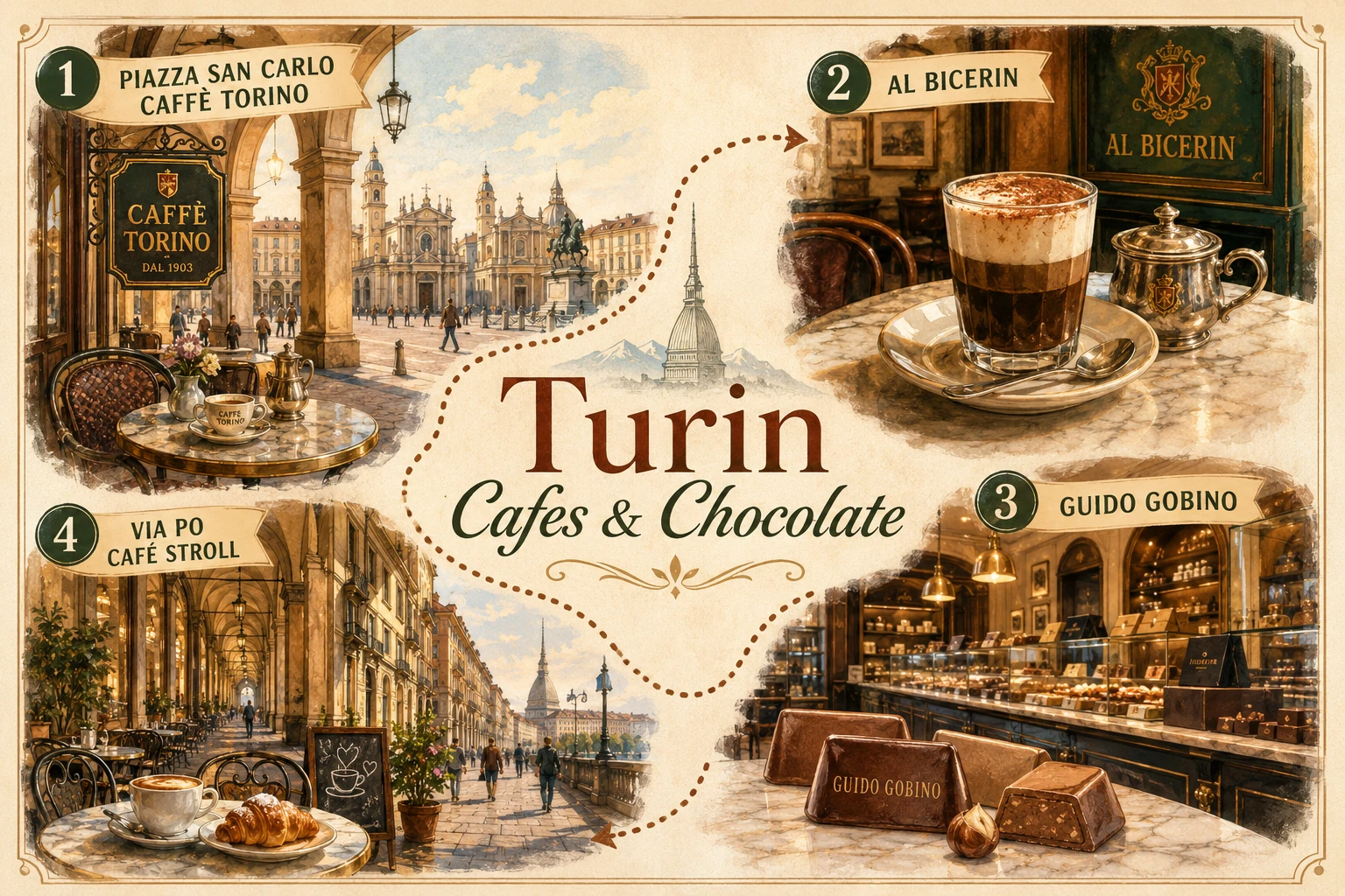 Illustration of Turin historic cafes, chocolate, and covered arcades