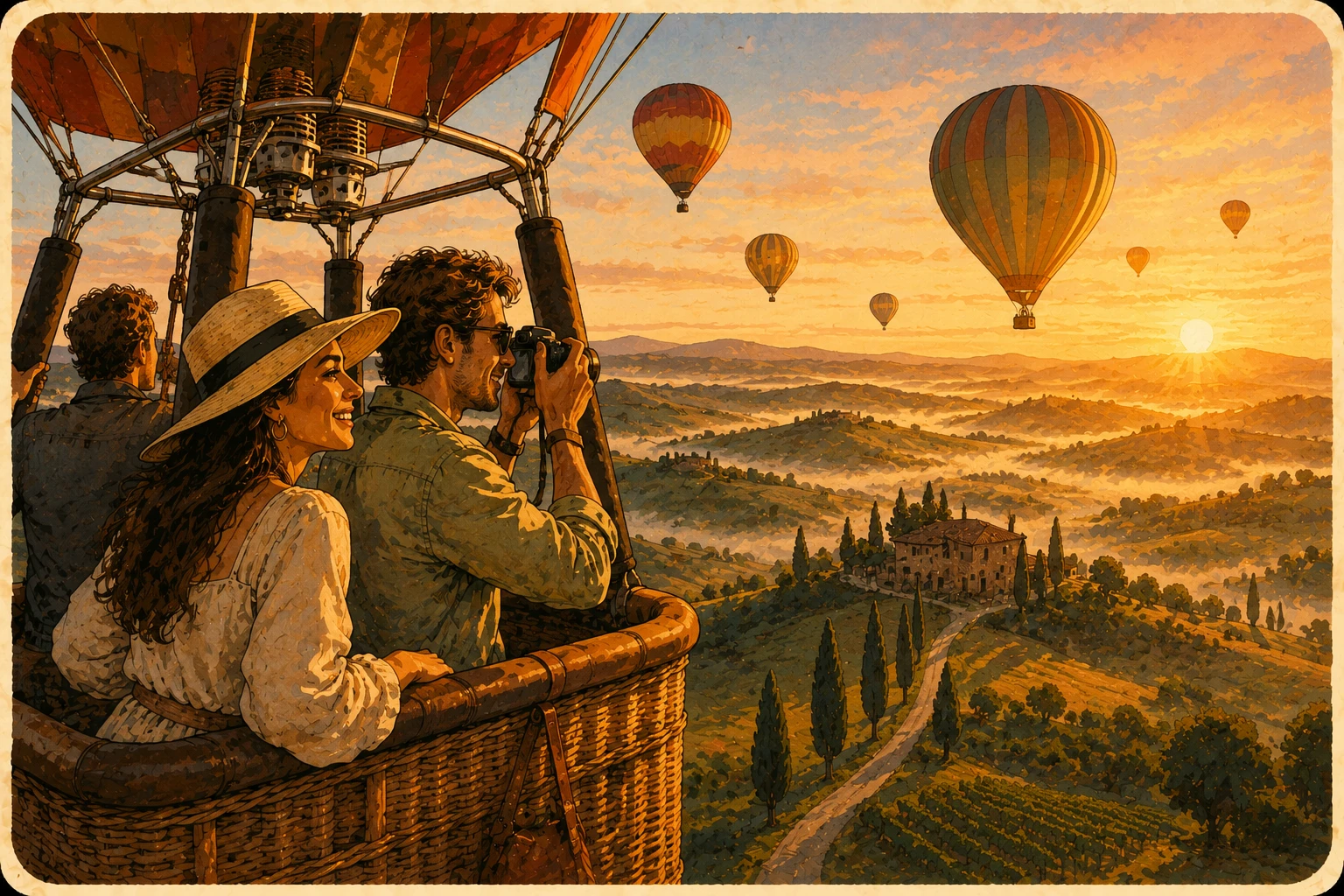 Complete Tuscany hot-air-balloon infographic with sunrise flight, vineyards, route, balloon preparation, landing, and countryside views