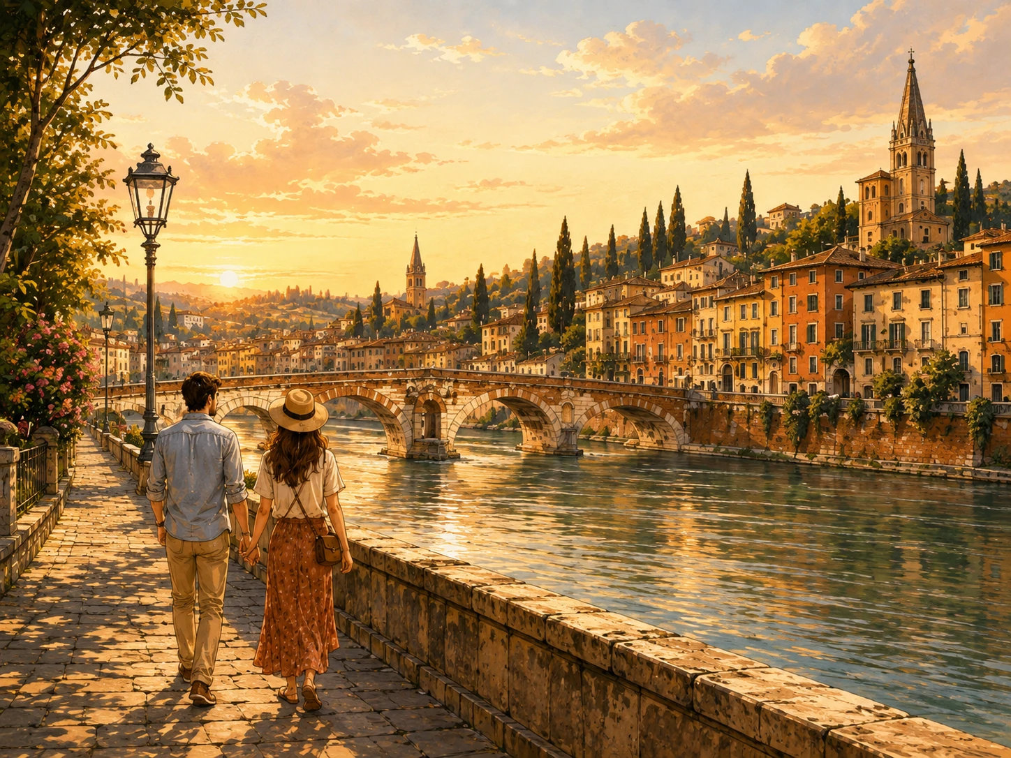 Couple walking beside the Adige River and Ponte Pietra at sunset