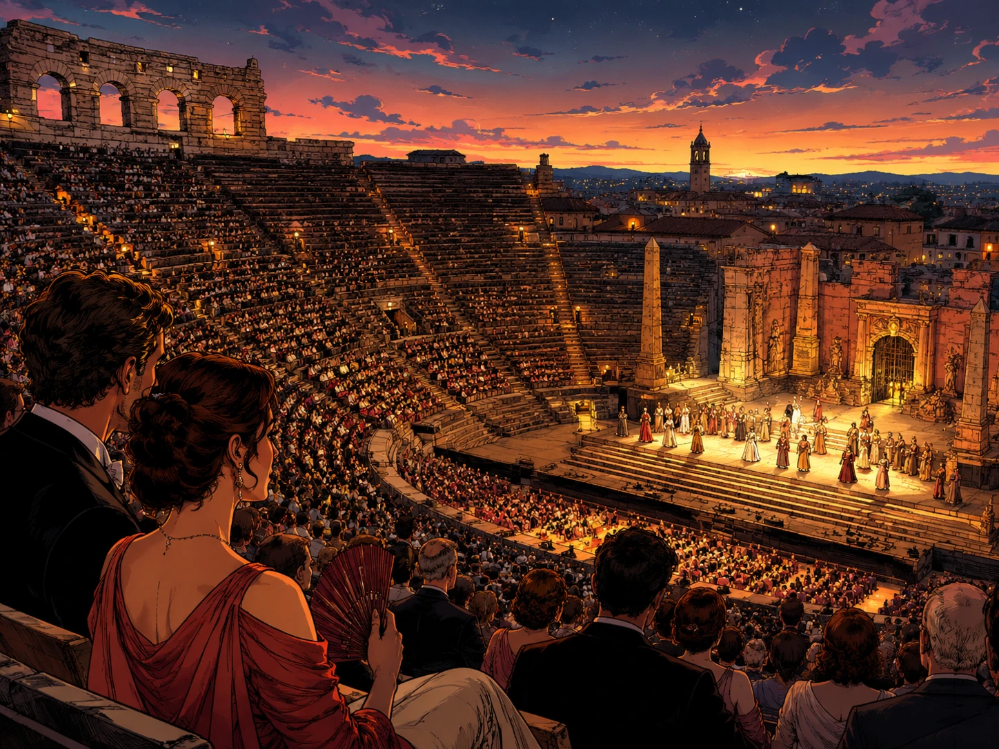 Open-air opera performance inside the Arena di Verona at sunset
