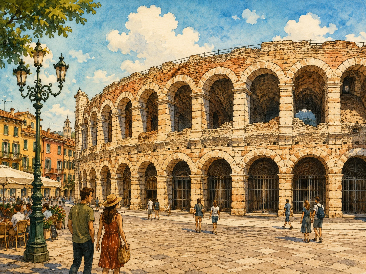Arena di Verona in warm sunlight with visitors in Piazza Bra