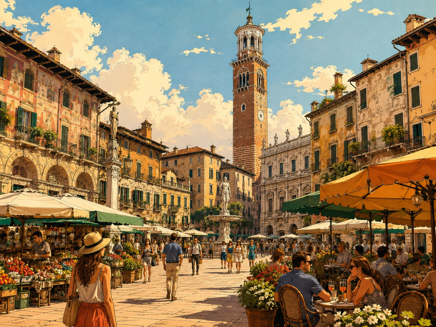Piazza delle Erbe with Torre dei Lamberti, market stalls and cafes