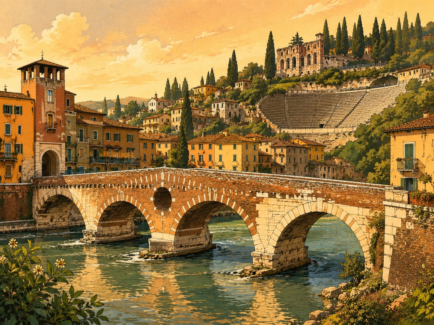 Ponte Pietra and Teatro Romano beside the Adige River in Verona