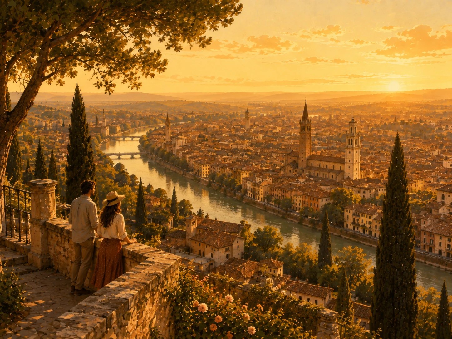 Sunset panorama over Verona and the Adige from Castel San Pietro