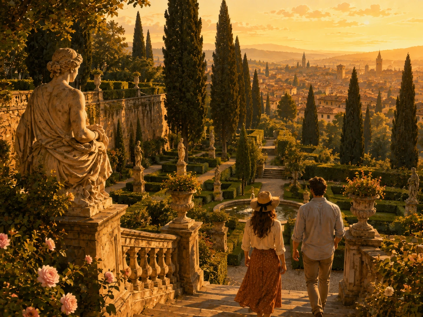 Giardino Giusti terraces, statues and cypress trees overlooking Verona