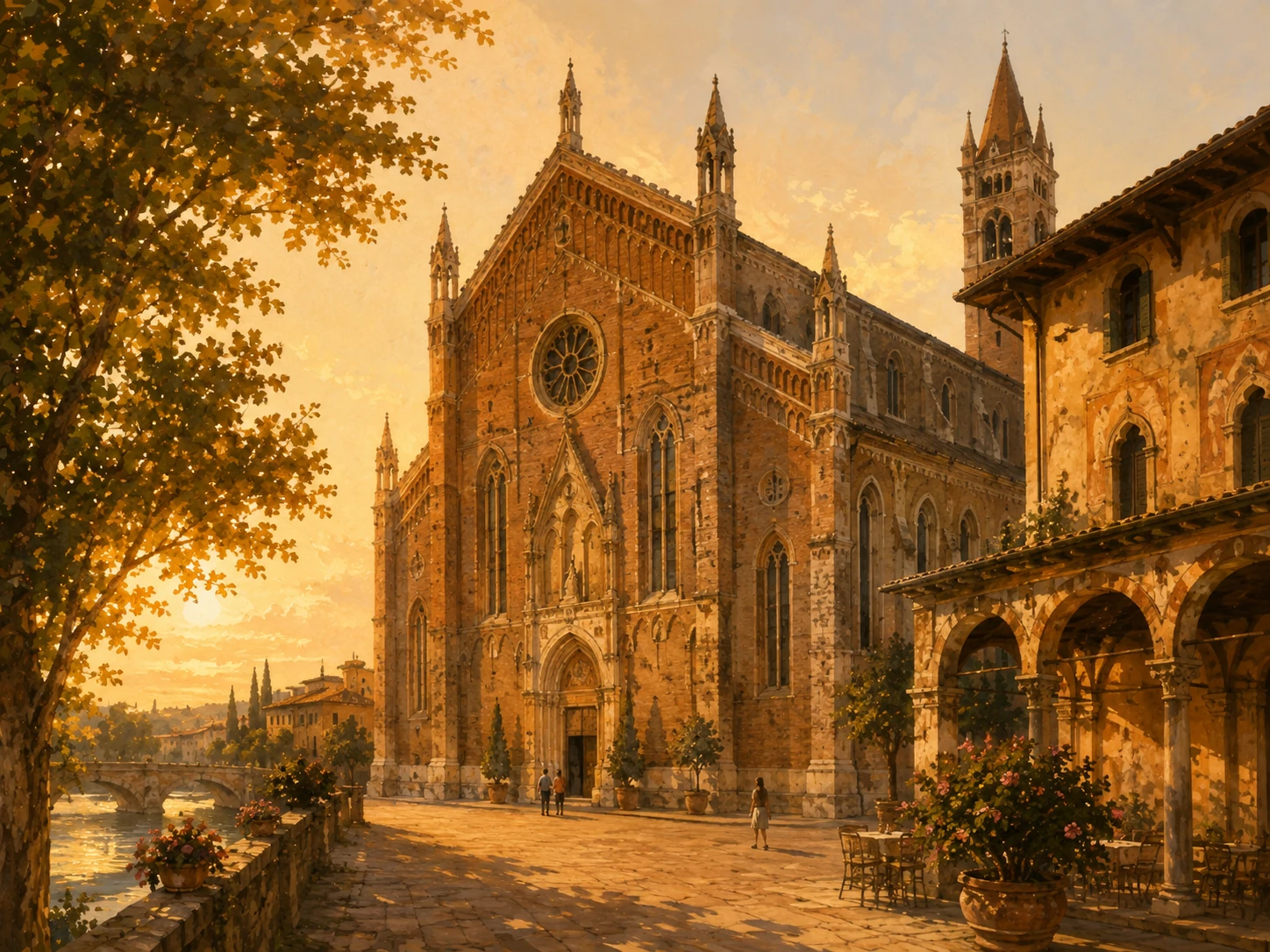 Basilica of Sant'Anastasia in Verona during golden hour