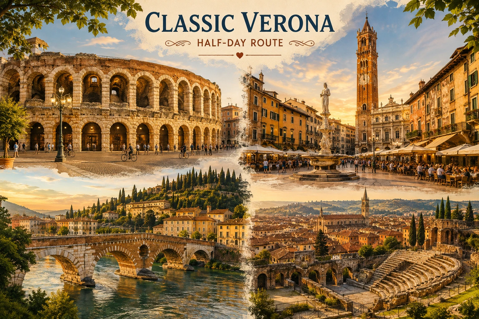 Classic Verona route featuring the Arena, Piazza delle Erbe, Ponte Pietra and Teatro Romano