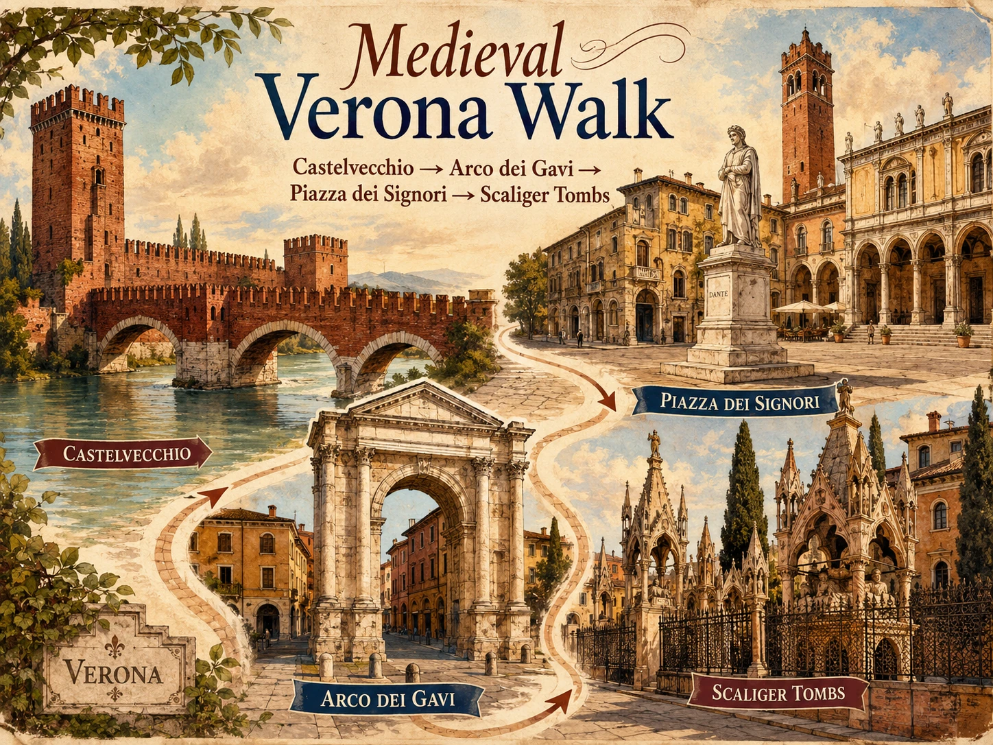 Medieval Verona walk through Castelvecchio, Arco dei Gavi, Piazza dei Signori and the Scaliger Tombs