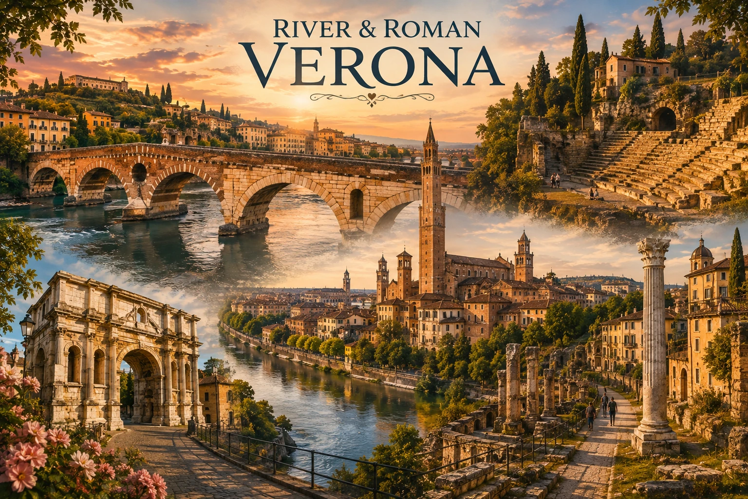 River and Roman Verona route with Ponte Pietra, the Adige and ancient ruins