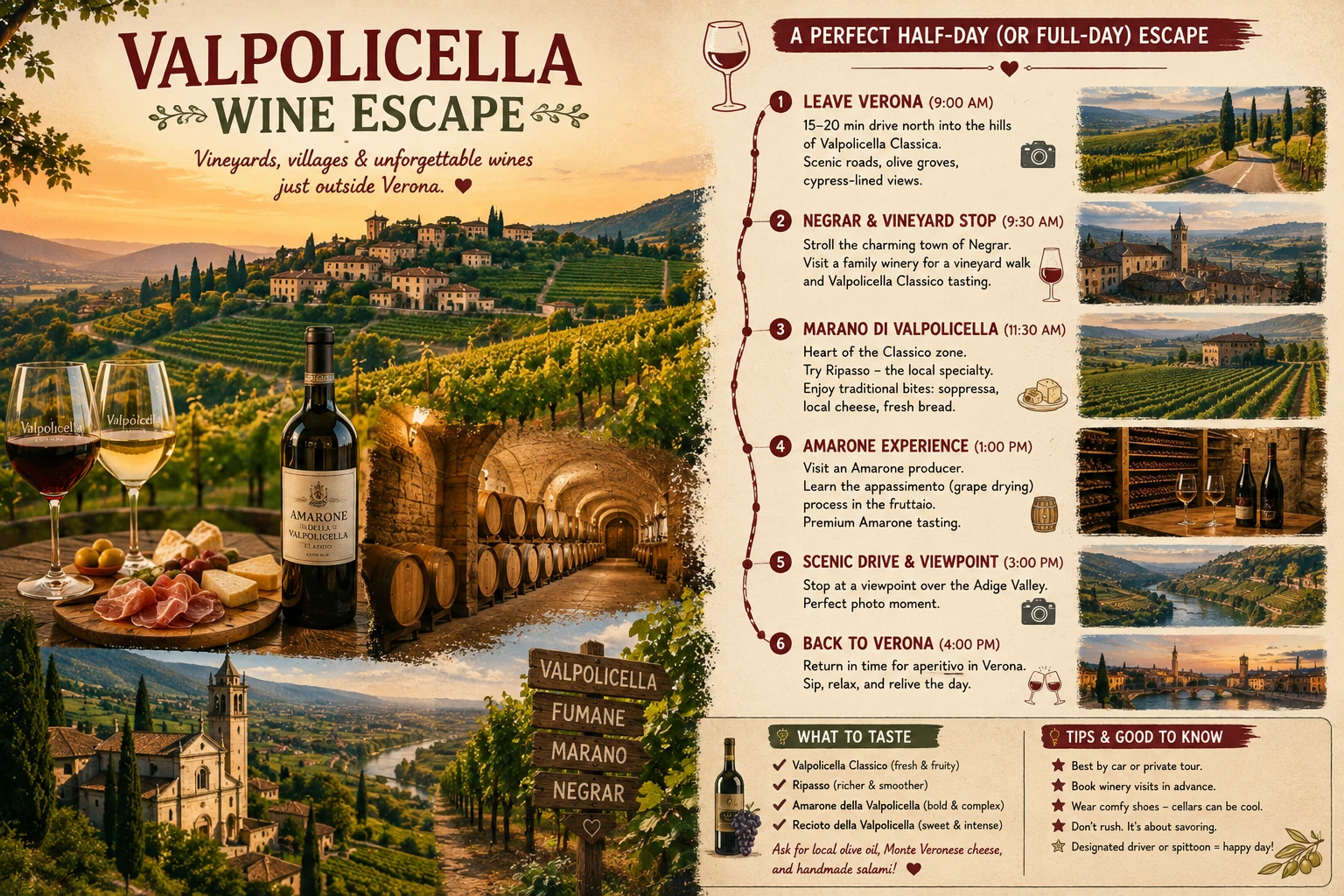 Valpolicella wine escape with vineyards, villages, wine tasting and cellar scenes